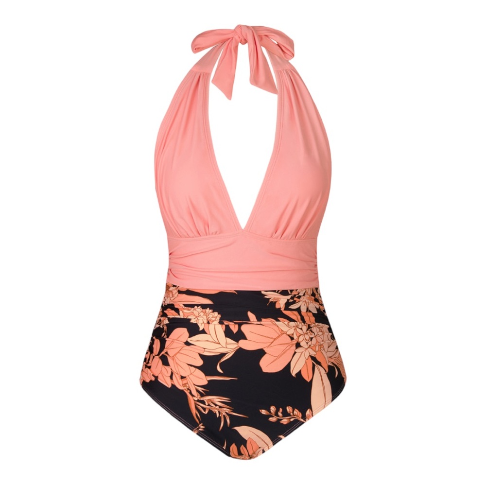 CUPSHE Havana Tropical Plunge Halter Ruched One Piece Swimsuit L NWT